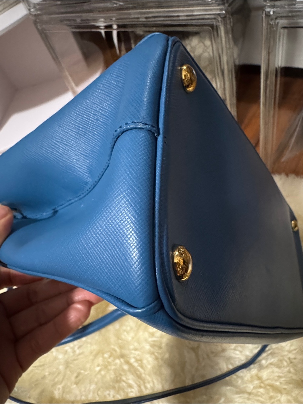Prada Blue Saffiano Double-Handle Satchel with Crossbody Strap - Picture 6 of 14
